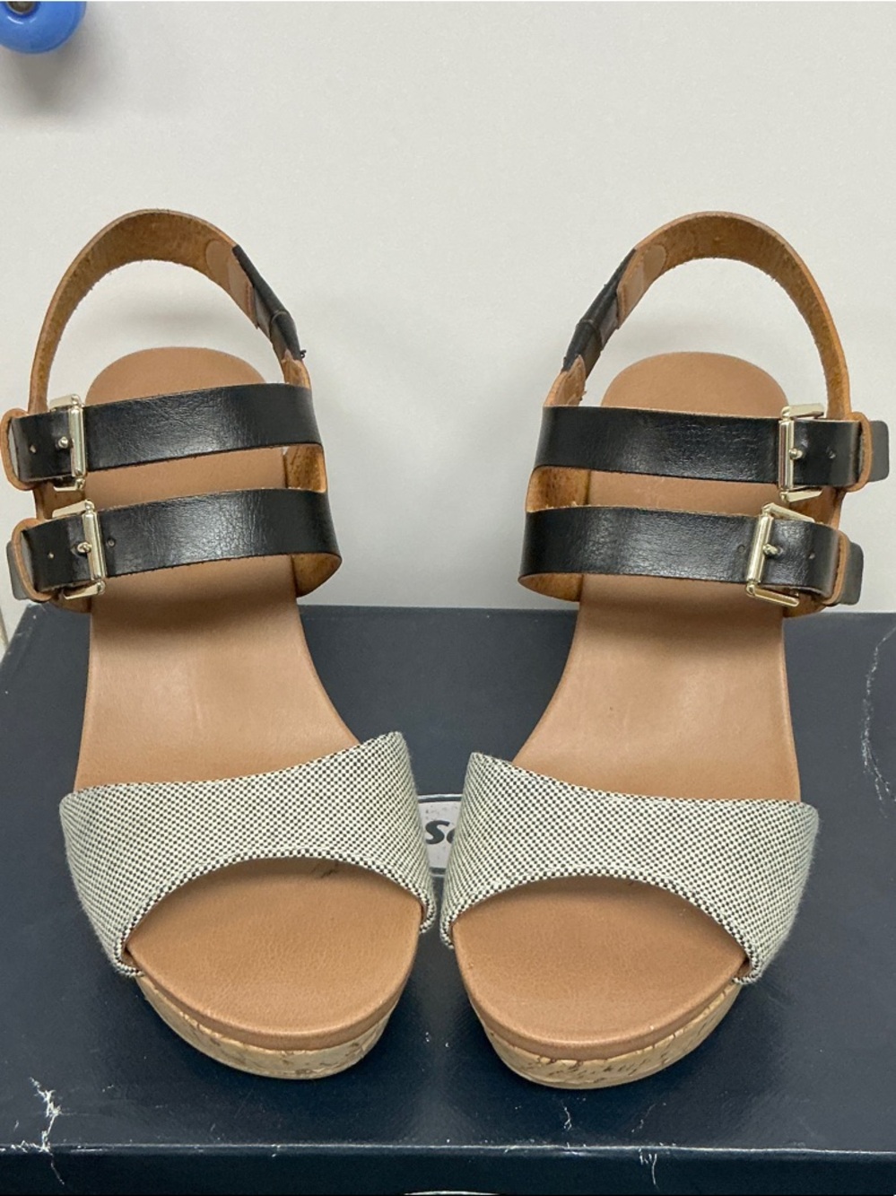 Dr. Scholl's Black and Beige Double-Strap Wedge Sandals